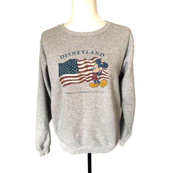 Vintage DISNEYLAND USA Flag Womens Girls Sweatshirt Size Small Gray Mickey Mouse - Picture 1 of 7